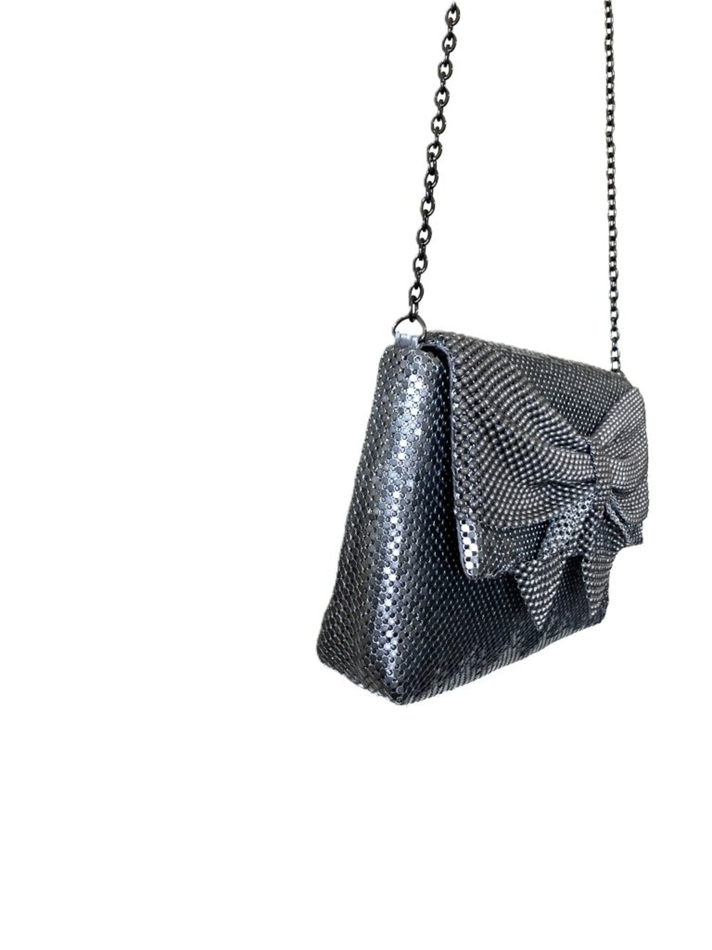 Jessica McClintock Silver Metal Mesh Chain Crossbody Clutch Bag | Bow Detail - Picture 3 of 12